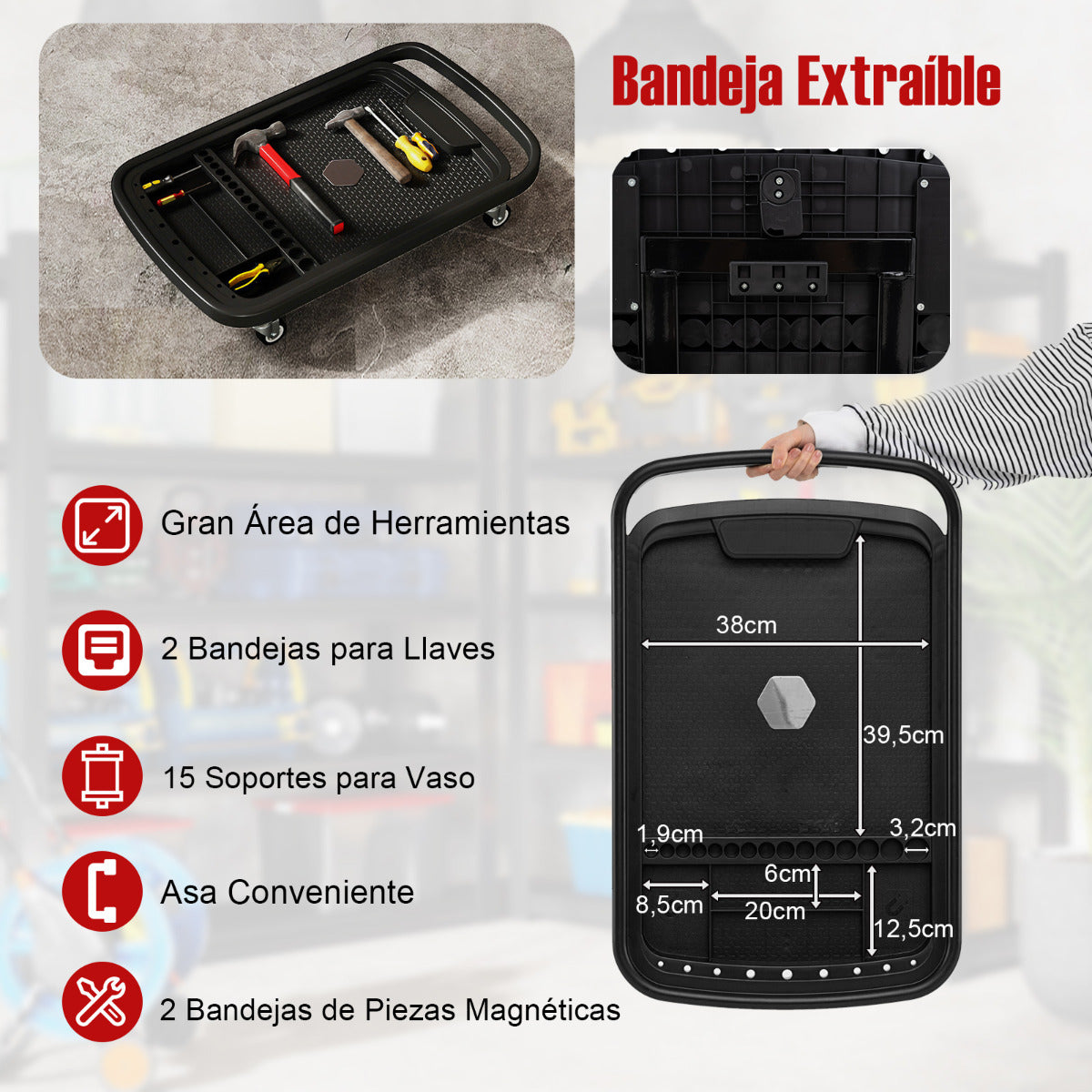 Bandeja de Herramientas Rodante 2 en 1 Mesa de Trabajo Ajustable en Altura con Bandeja Carrito Portátil Carga 60 kg para Garaje Taller