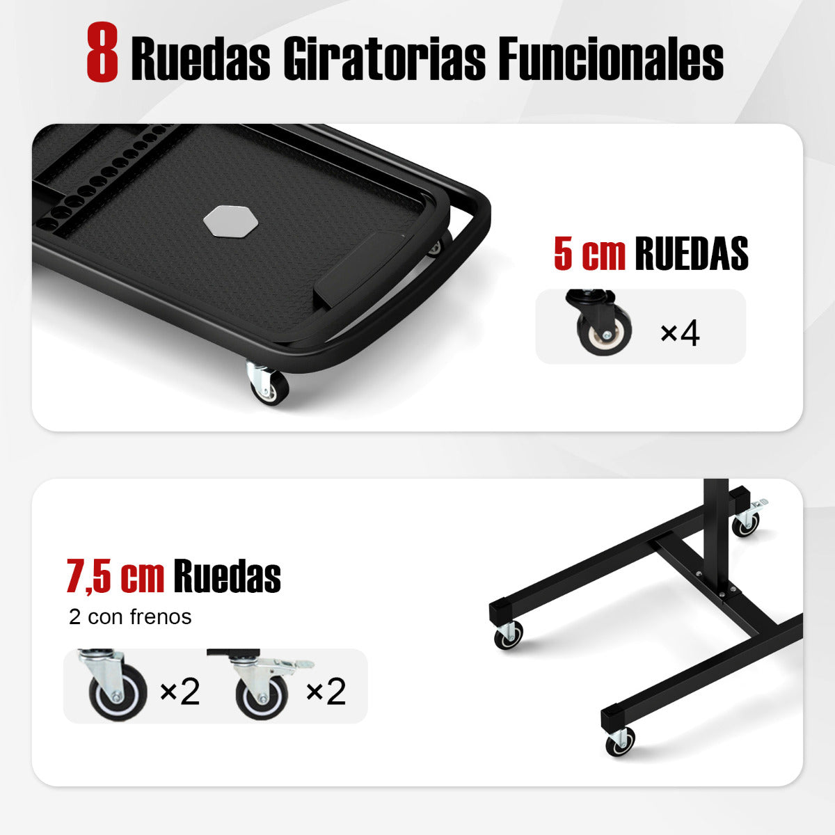 Bandeja de Herramientas Rodante 2 en 1 Mesa de Trabajo Ajustable en Altura con Bandeja Carrito Portátil Carga 60 kg para Garaje Taller