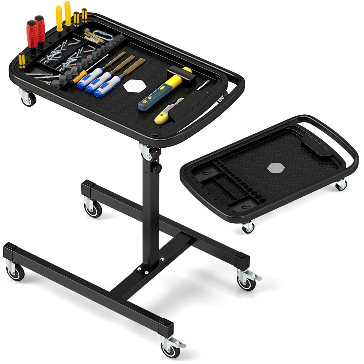 Bandeja de Herramientas Rodante 2 en 1 Mesa de Trabajo Ajustable en Altura con Bandeja Carrito Portátil Carga 60 kg para Garaje Taller