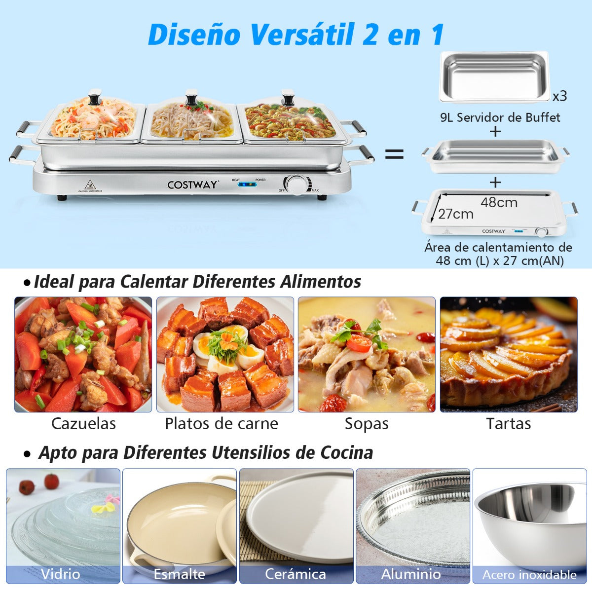 2 en 1 Bandeja Eléctrica con Control de Temperatura 450 W Calentador de Alimentos con 3 Bandejas Bandeja Portátil de Acero Inoxidable