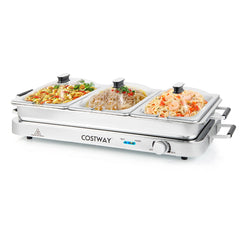 2 en 1 Bandeja Eléctrica con Control de Temperatura 450 W Calentador de Alimentos con 3 Bandejas Bandeja Portátil de Acero Inoxidable