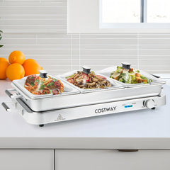 2 en 1 Bandeja Eléctrica con Control de Temperatura 450 W Calentador de Alimentos con 3 Bandejas Bandeja Portátil de Acero Inoxidable
