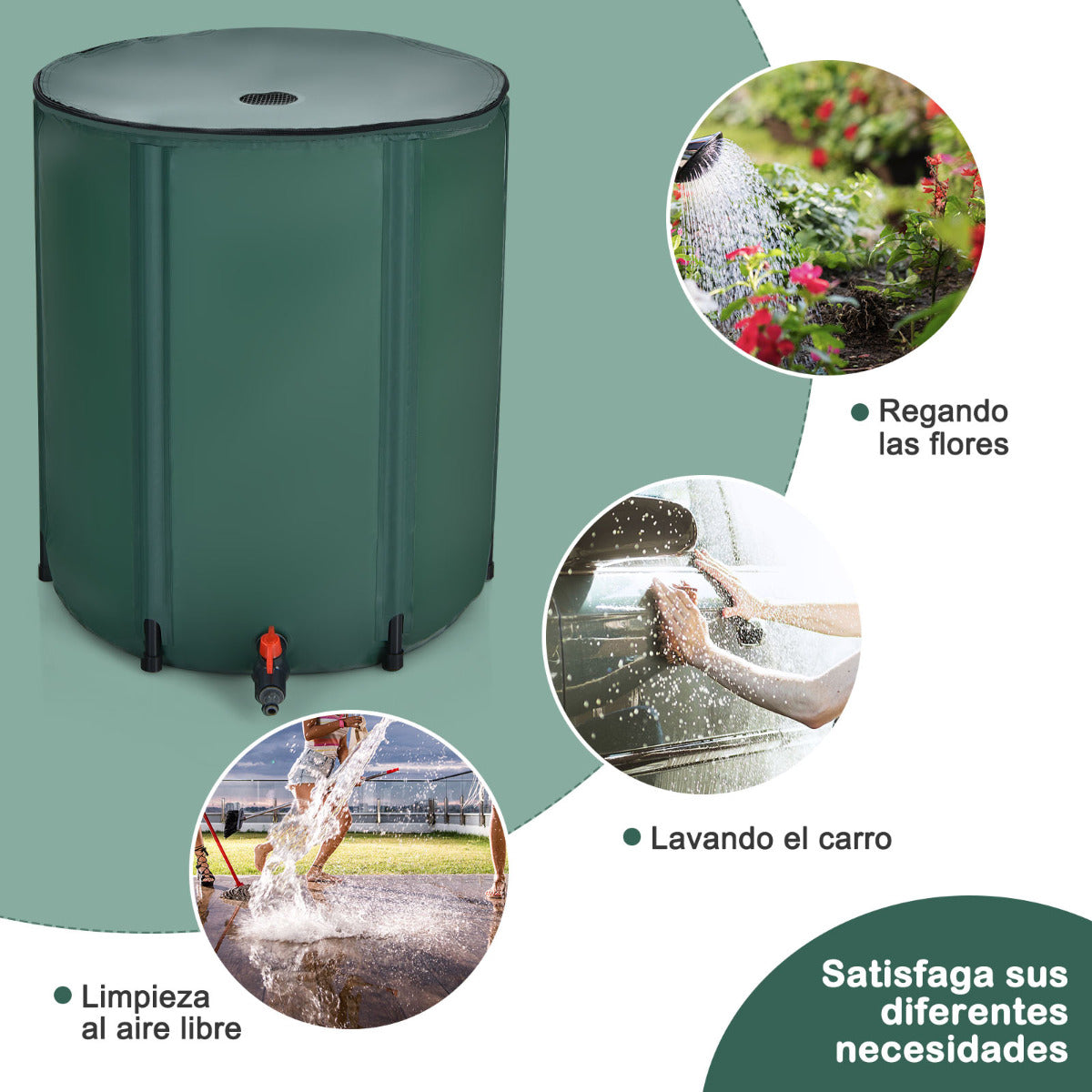Barril Plegable 225 L para Agua de Lluvia Contenedor Agua Sistema Recogida Lluvia Portátil Cisterna Agua para Jardín Verde 60 x 60 x 80 cm