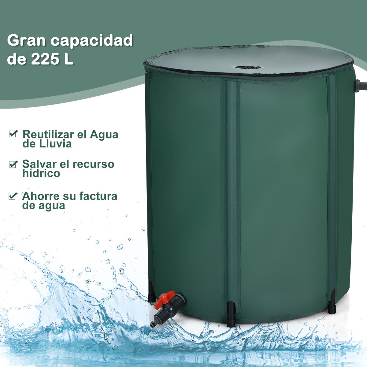 Barril Plegable 225 L para Agua de Lluvia Contenedor Agua Sistema Recogida Lluvia Portátil Cisterna Agua para Jardín Verde 60 x 60 x 80 cm