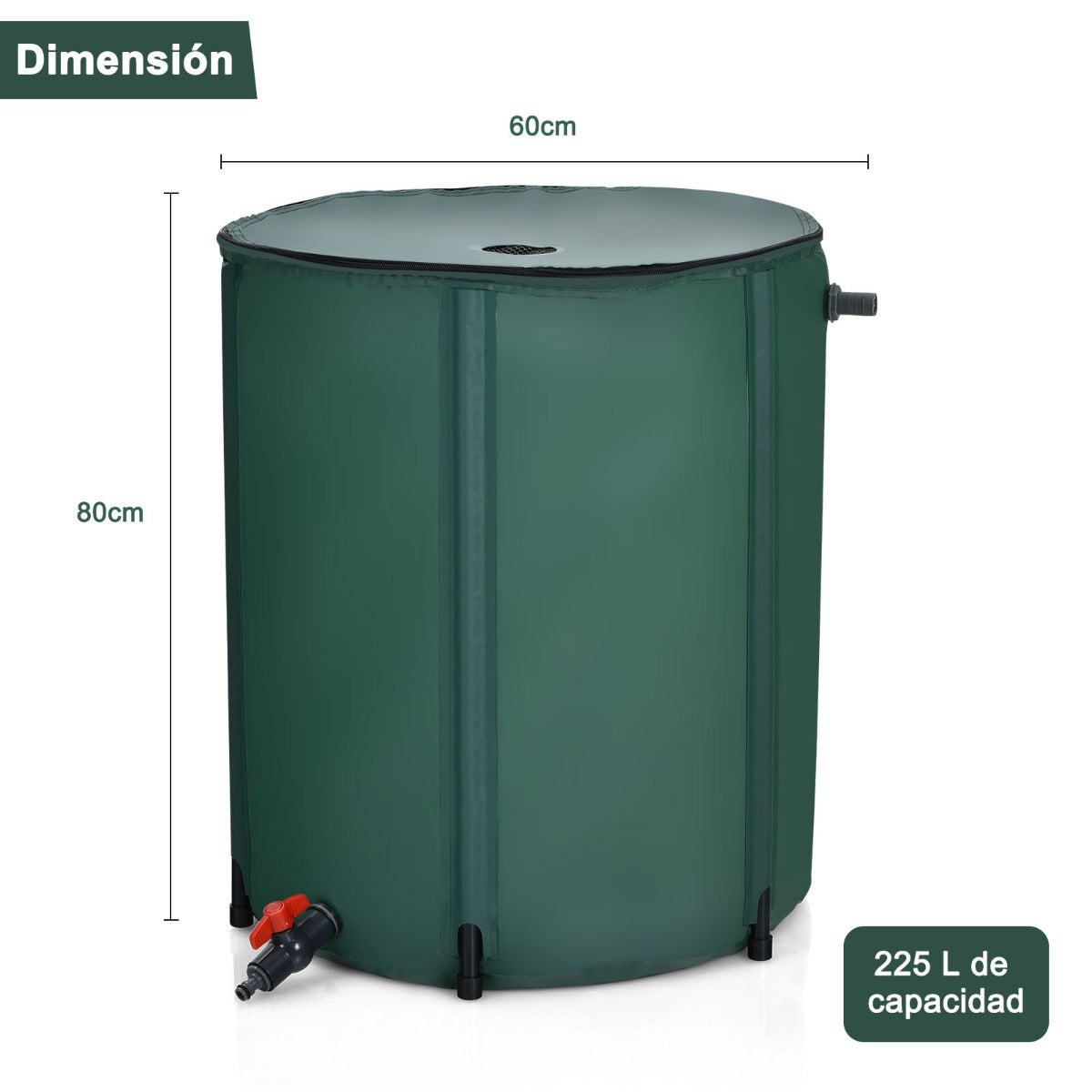 Barril Plegable 225 L para Agua de Lluvia Contenedor Agua Sistema Recogida Lluvia Portátil Cisterna Agua para Jardín Verde 60 x 60 x 80 cm