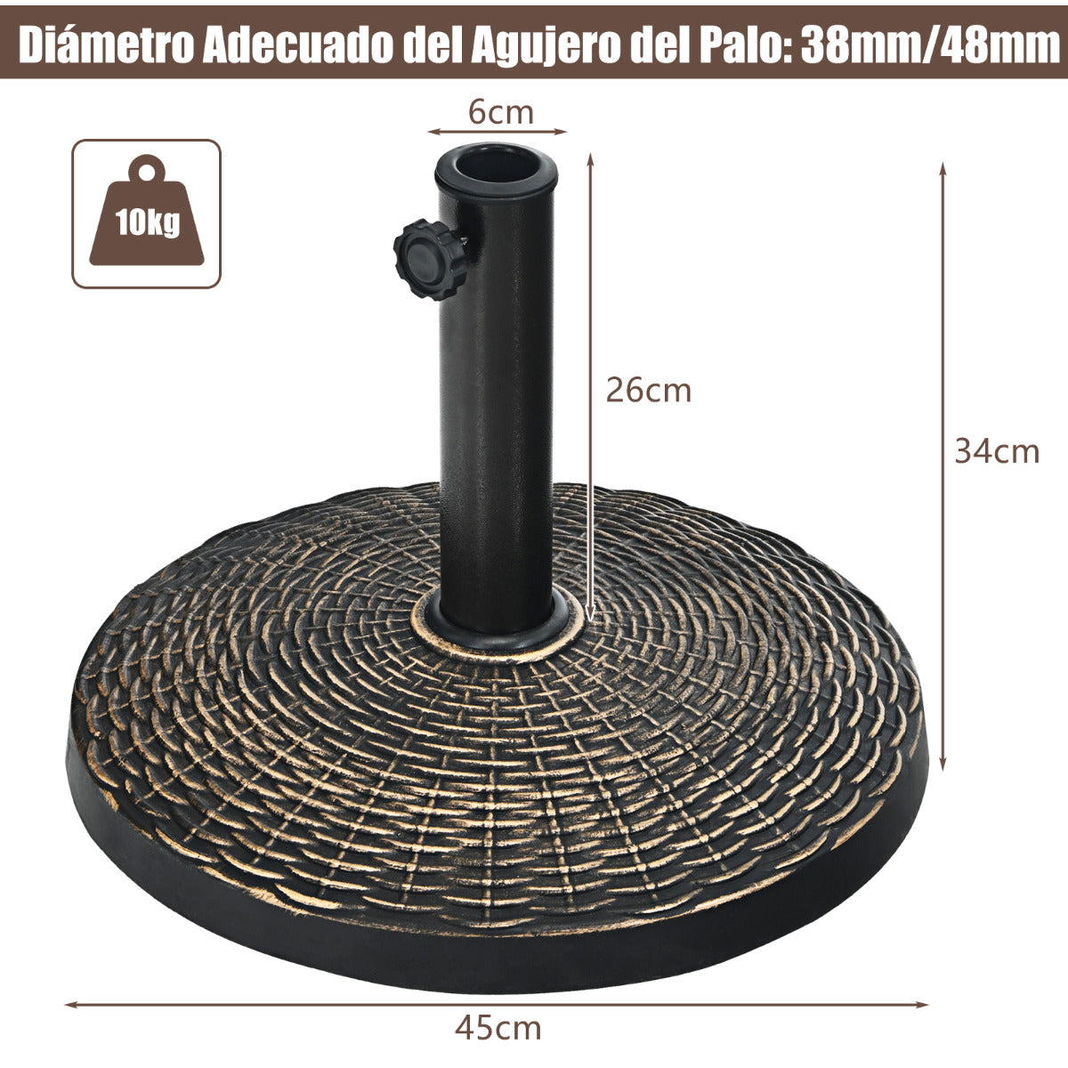 Base de Resina para Sombrilla Φ38/48mm Resistente Soporte Redondo para Paraguas de 10 kg para Jardín Playa Piscina Bronce