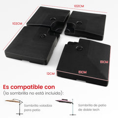 Base de Sombrilla de Jardín de 4 Piezas con Contrapeso Placa Cuadrada Llenada de Agua y Arena Resistent para Patio Carga128 kg Negro