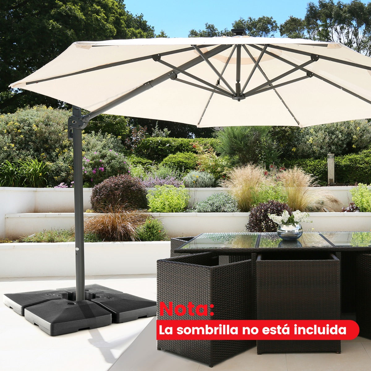 Base de Sombrilla de Jardín de 4 Piezas con Contrapeso Placa Cuadrada Llenada de Agua y Arena Resistent para Patio Carga128 kg Negro