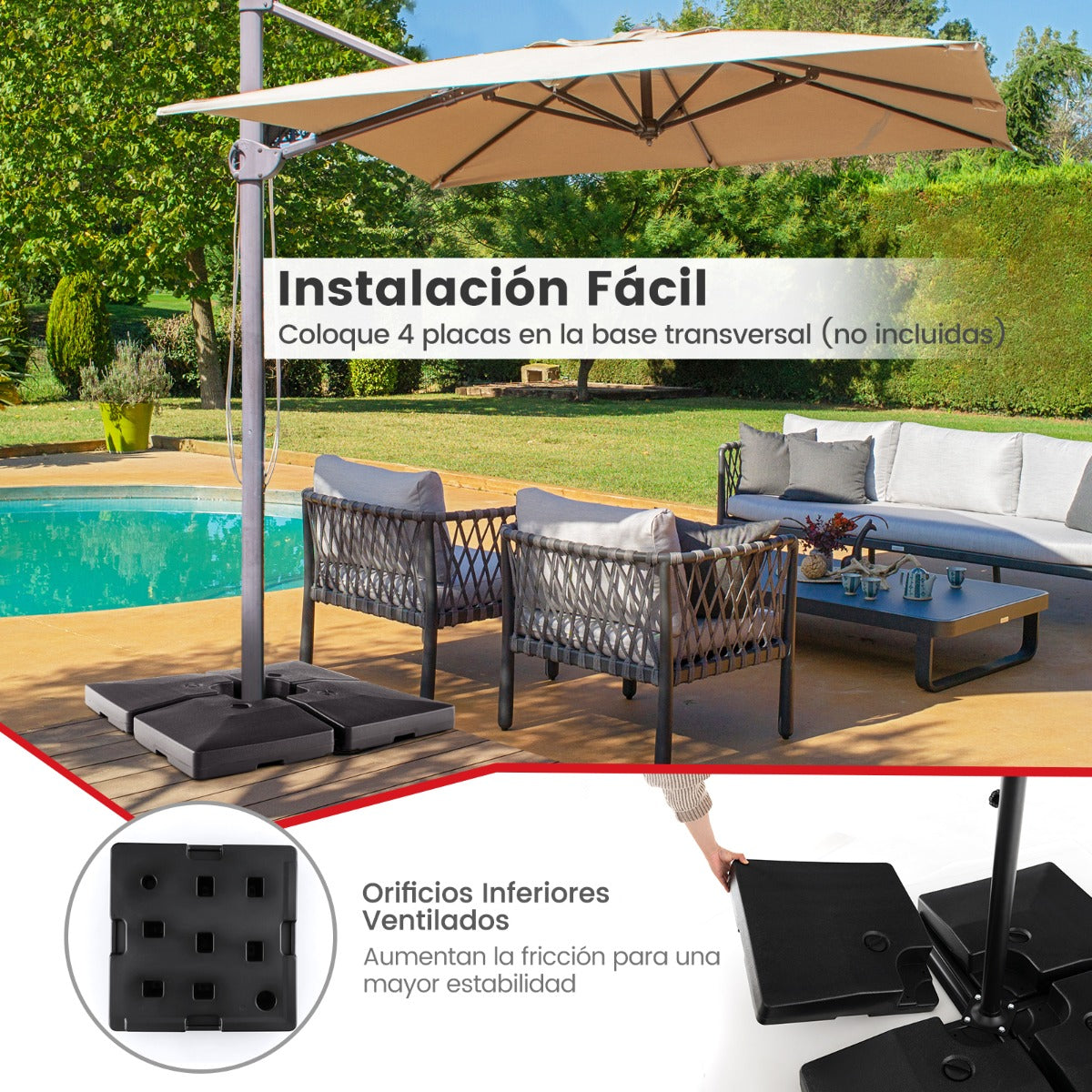 Base de Sombrilla de Jardín de 4 Piezas con Contrapeso Placa Cuadrada Llenada de Agua y Arena Resistent para Patio Carga128 kg Negro