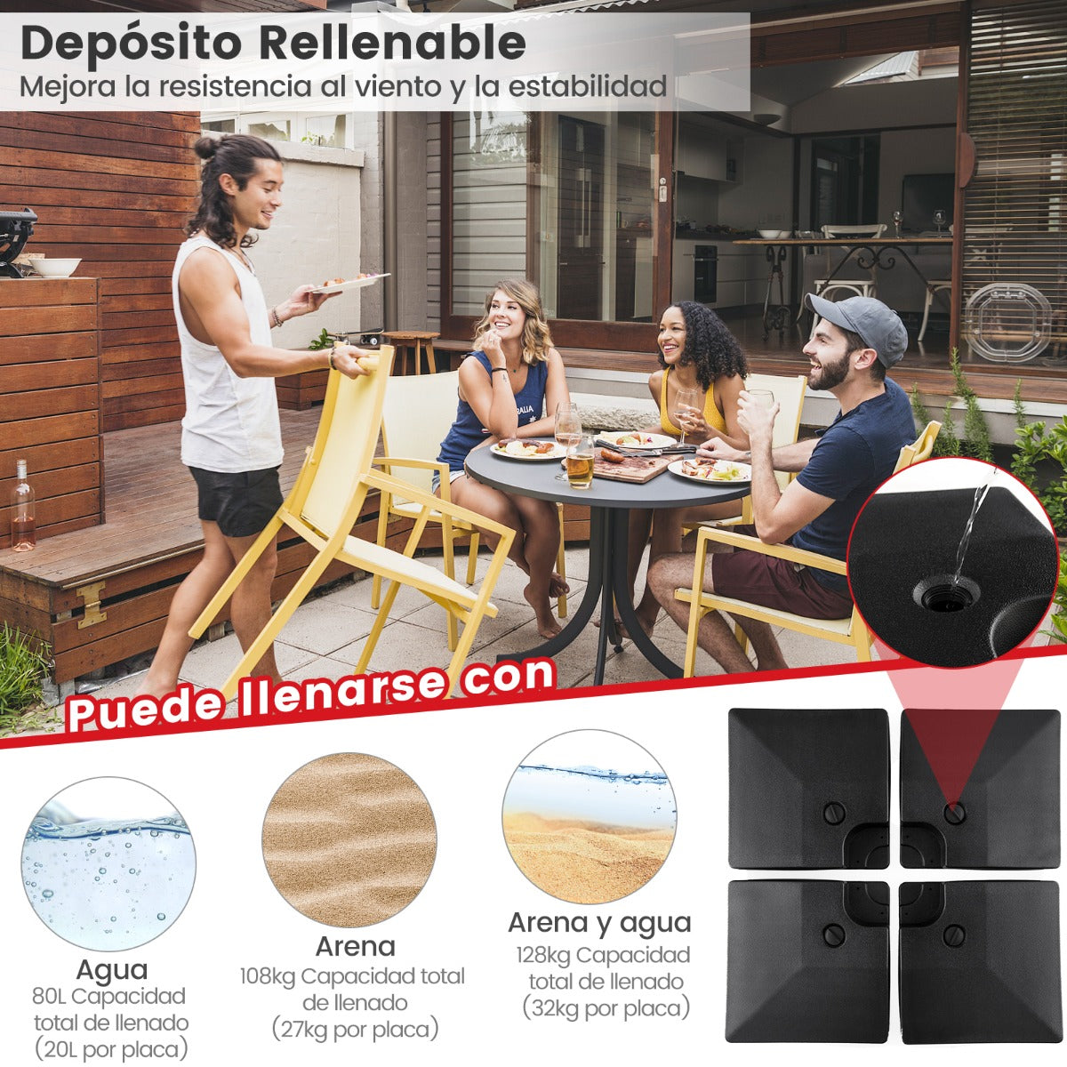 Base de Sombrilla de Jardín de 4 Piezas con Contrapeso Placa Cuadrada Llenada de Agua y Arena Resistent para Patio Carga128 kg Negro