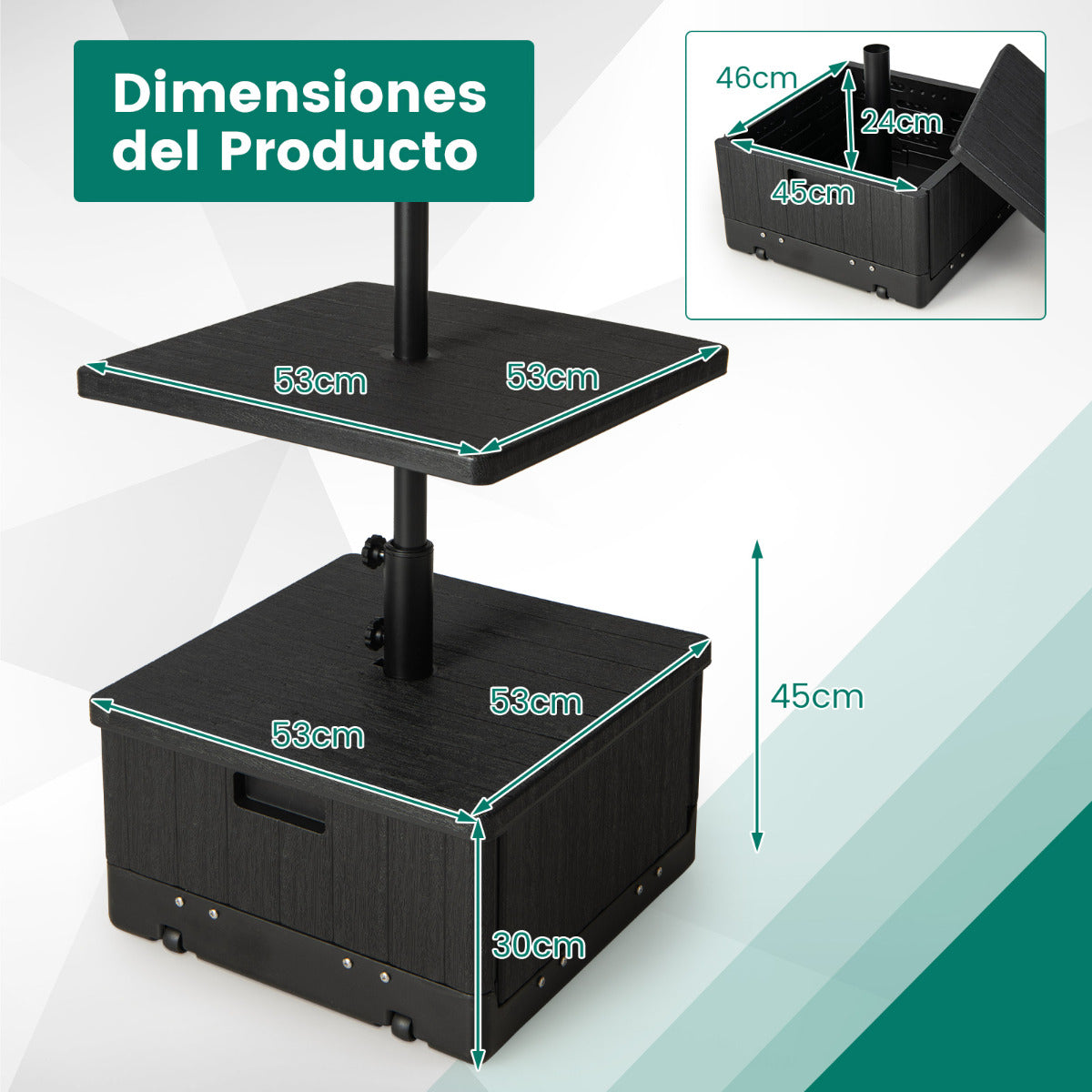 Base de Sombrilla con Ruedas Bandeja de Mesa Soporte Sombrilla Exterior Apto para Postes de 38/48mm Rellenable de Agua 45L Arena 67kg