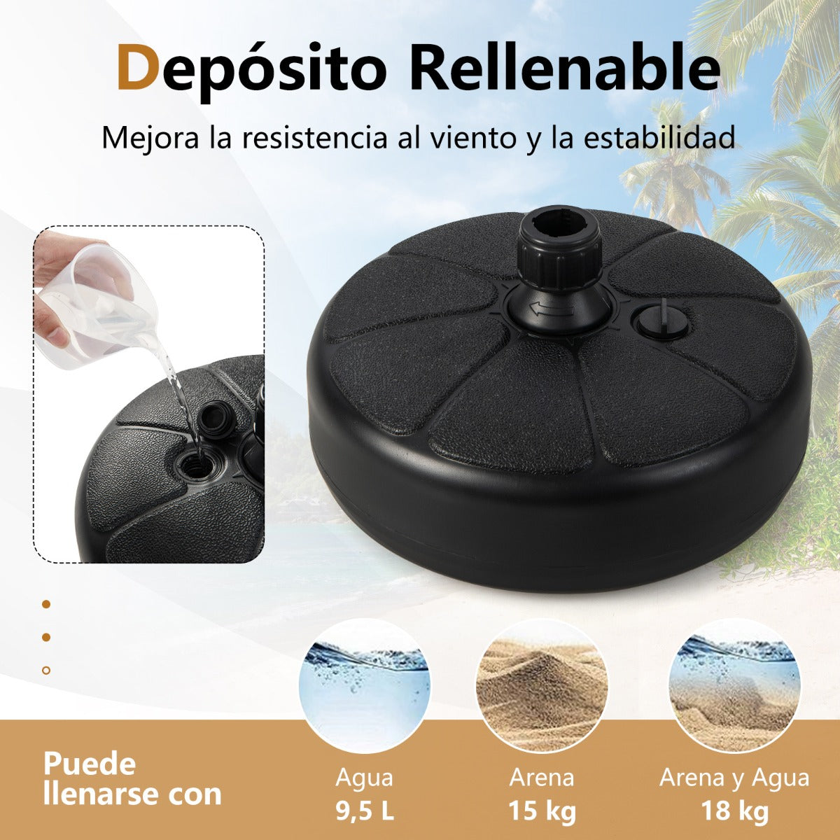 Base de Soportes Rellenable para Paraguas de 38 mm Carga 12 kg Soporte de Mesa Ponderado con Agua y Arena para Jardín y Patio Negro