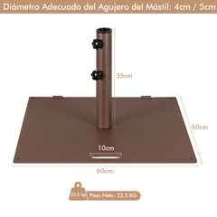 Base para Sombrilla de Patio de 22,5 kg Base Cuadrada para Sombrilla de 60 cm con Adaptadores de 4 cm y 5 cm 2 Pomos de Apriete 2 Ruedas