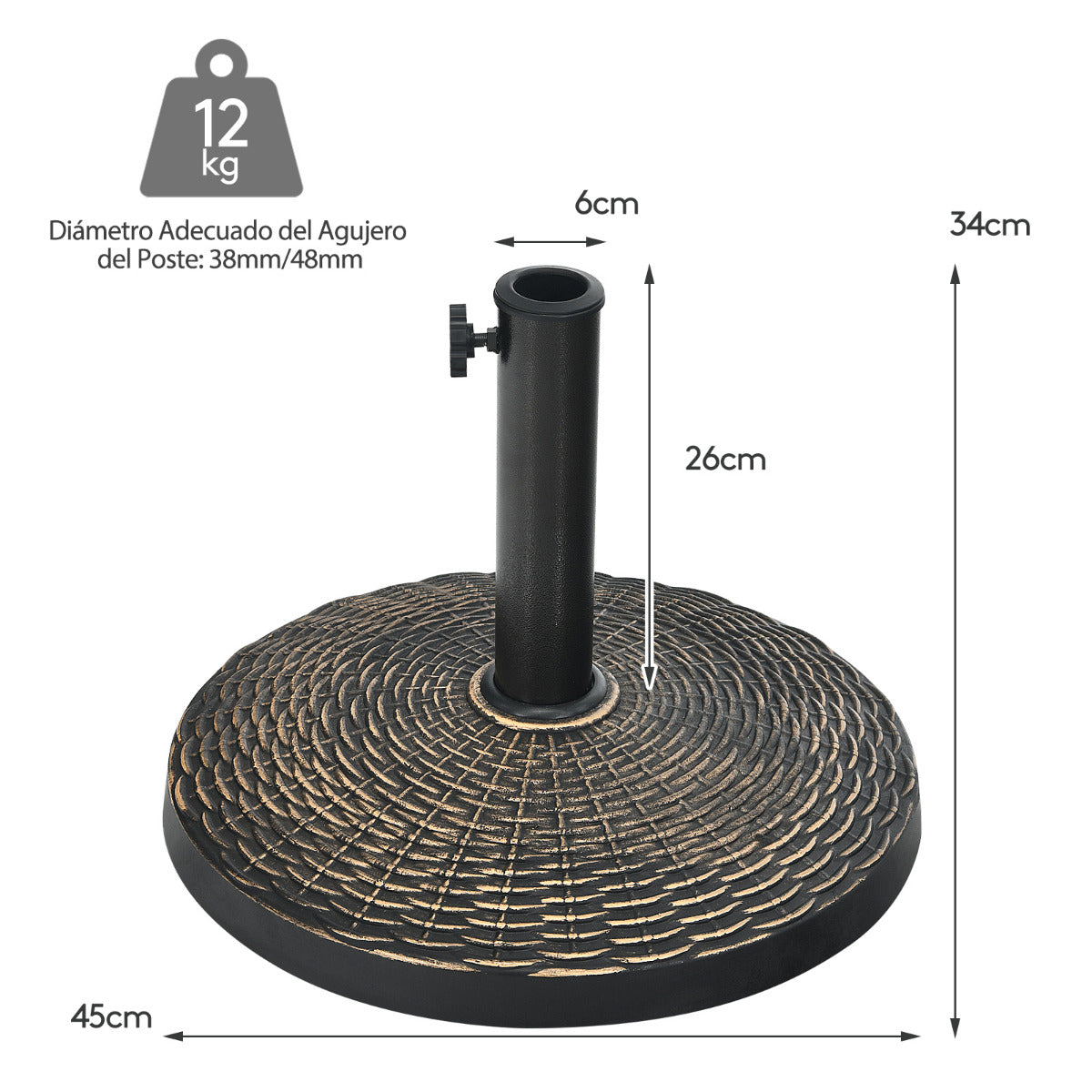 Base Sombrilla de 12kg de Resina Soporte Redondo para Sombrilla de φ38/48mm Terraza Exterior con Perilla Ajustable Diseño de Ratán