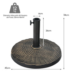 Base Sombrilla de 12kg de Resina Soporte Redondo para Sombrilla de φ38/48mm Terraza Exterior con Perilla Ajustable Diseño de Ratán