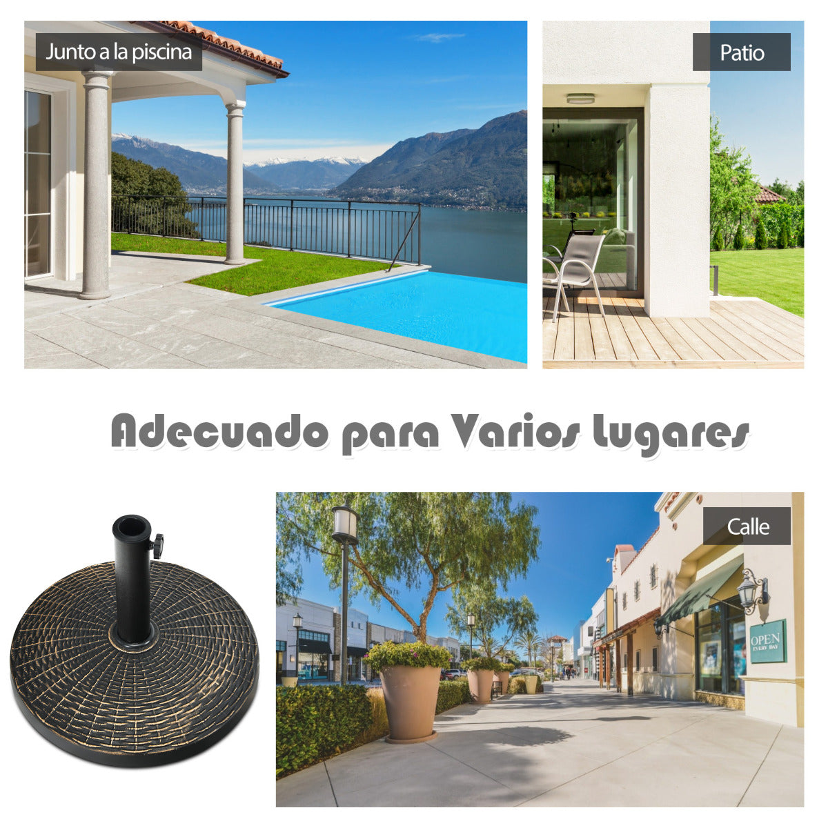 Base Sombrilla de 12kg de Resina Soporte Redondo para Sombrilla de φ38/48mm Terraza Exterior con Perilla Ajustable Diseño de Ratán