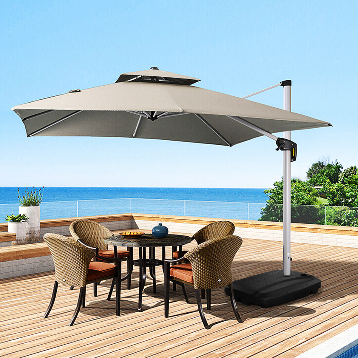 Base para Sombrilla 60 L Soporte Resistente con Ruedas para Sombrilla Ranuras Base Cruzada Pesada Portátil Llenar con Agua y Arena