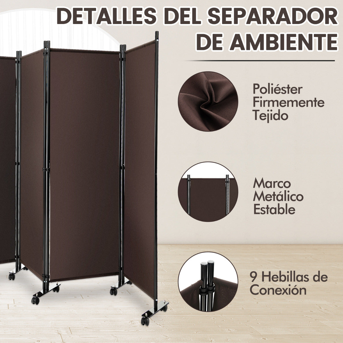 Biombo de 4 Paneles Separador de Habitaciones con Ruedas Pantallas de Privacidad Divisor para Hogar Oficina 225 x 30 x 173 cm Marrón