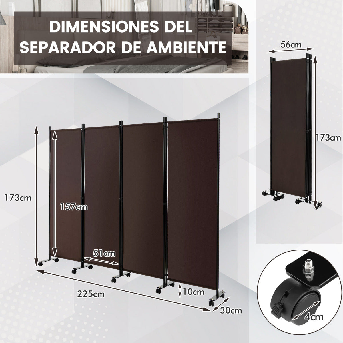 Biombo de 4 Paneles Separador de Habitaciones con Ruedas Pantallas de Privacidad Divisor para Hogar Oficina 225 x 30 x 173 cm Marrón