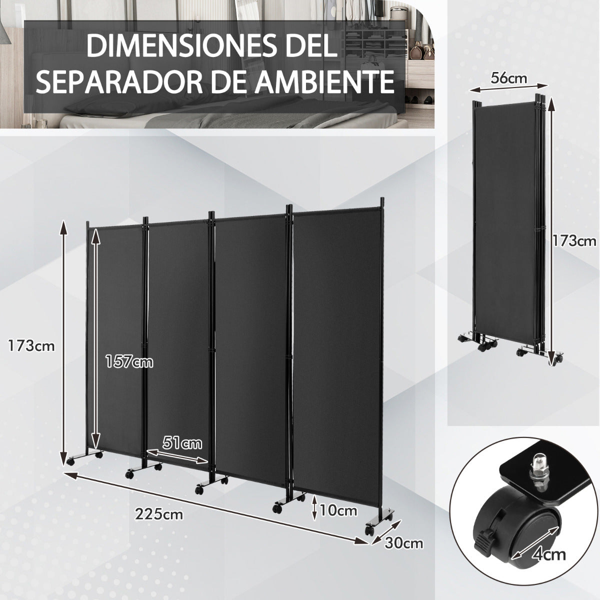 Biombo de 4 Paneles Separador de Habitaciones con Ruedas Pantallas de Privacidad Divisor para Hogar Oficina 225 x 30 x 173 cm Gris