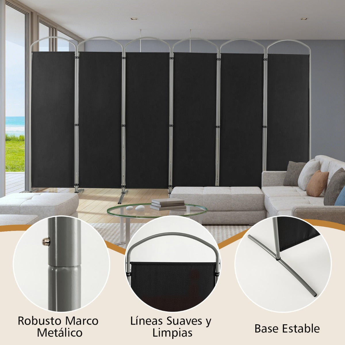 Biombo Plegable de 6 Paneles Separador de Espacios de Pantalla de Tela para Porche Oficina Sala de Estar 331 x 51 x 188 cm Negro