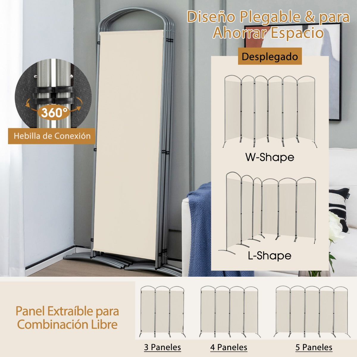 Biombo Plegable de 6 Paneles Separador de Espacios de Pantalla de Tela para Porche Oficina Sala de Estar 331 x 51 x 188 cm Blanco
