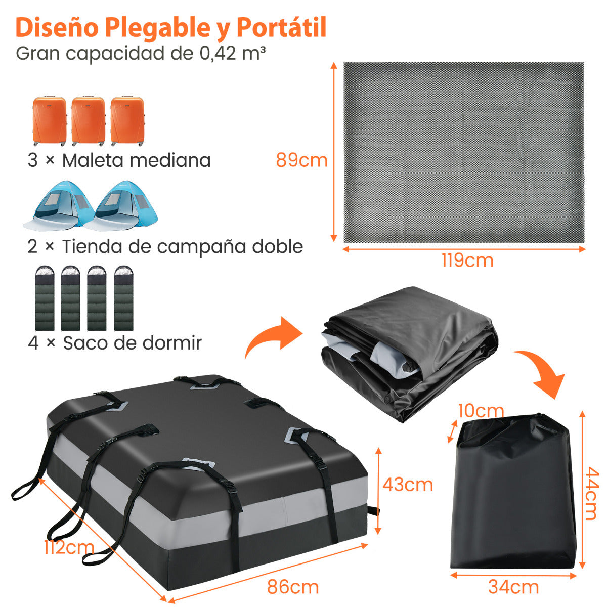 Bolsa de Techo para Coche 424L Impermeable con Cerradura y Alfombra Antideslizante 112 x 86 x 43 cm Gris