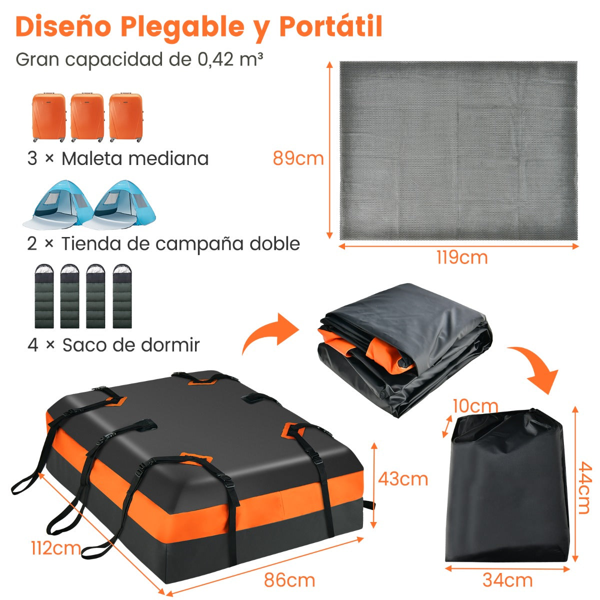 Bolsa de Techo para Coche 424L Impermeable con Cerradura y Alfombra Antideslizante 112 x 86 x 43 cm Naranja