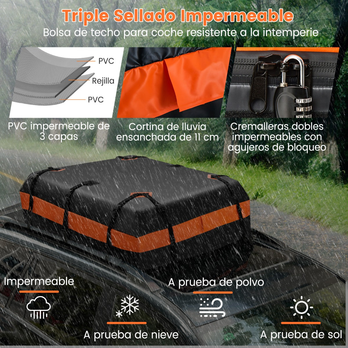 Bolsa de Techo para Coche 424L Impermeable con Cerradura y Alfombra Antideslizante 112 x 86 x 43 cm Naranja