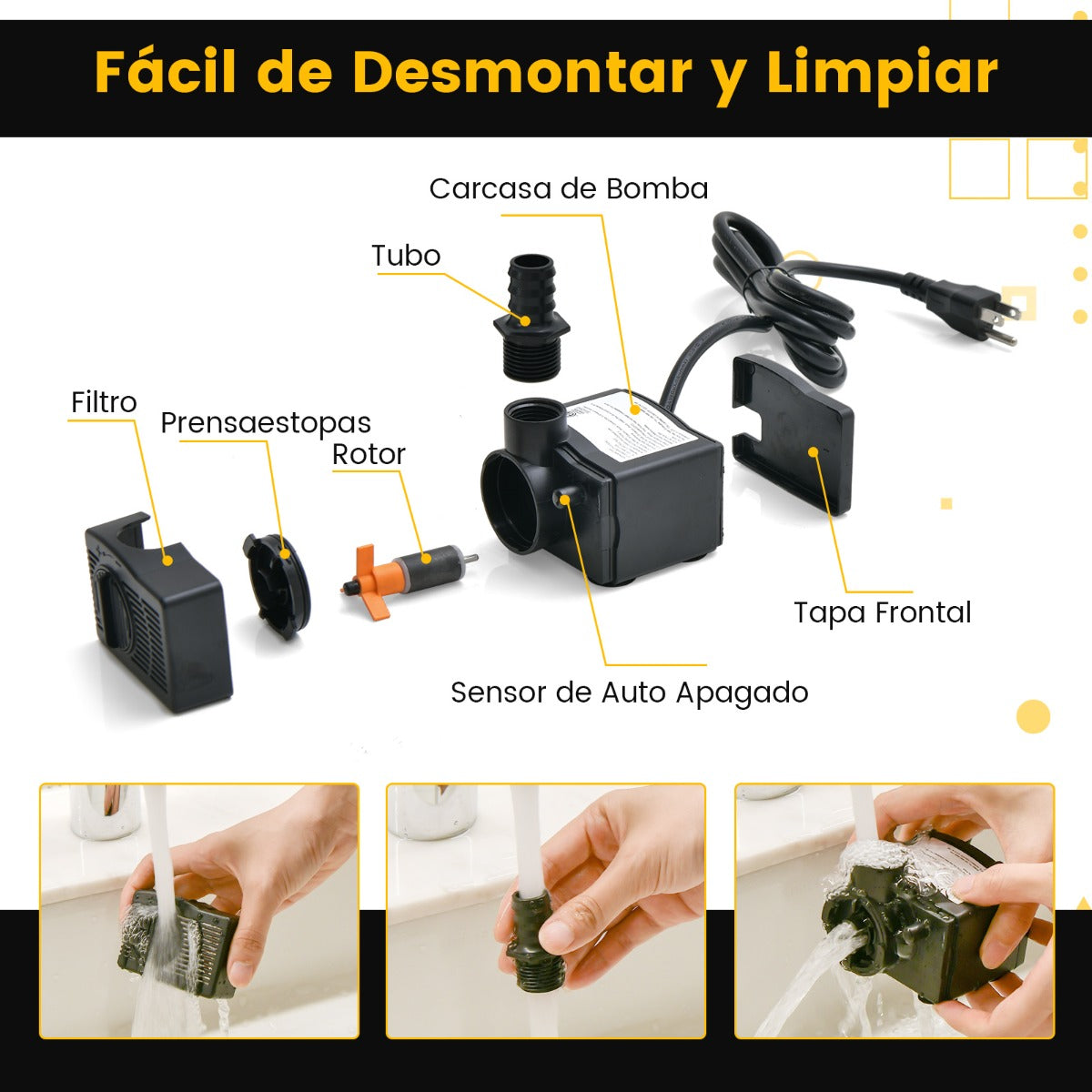 22W Bomba Sumergible 900L/H Bomba de Agua con Elevación de 2,2m Cable de Alimentación de 1,83m y 3 Boquillas para Pecera Estanque Acuario