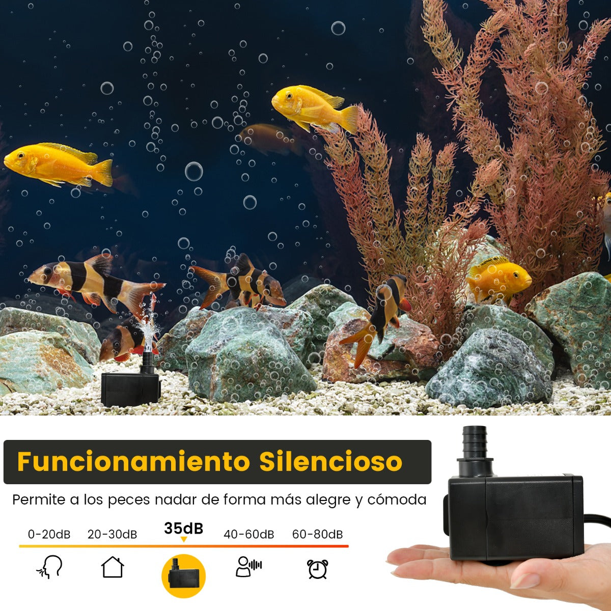 22W Bomba Sumergible 900L/H Bomba de Agua con Elevación de 2,2m Cable de Alimentación de 1,83m y 3 Boquillas para Pecera Estanque Acuario