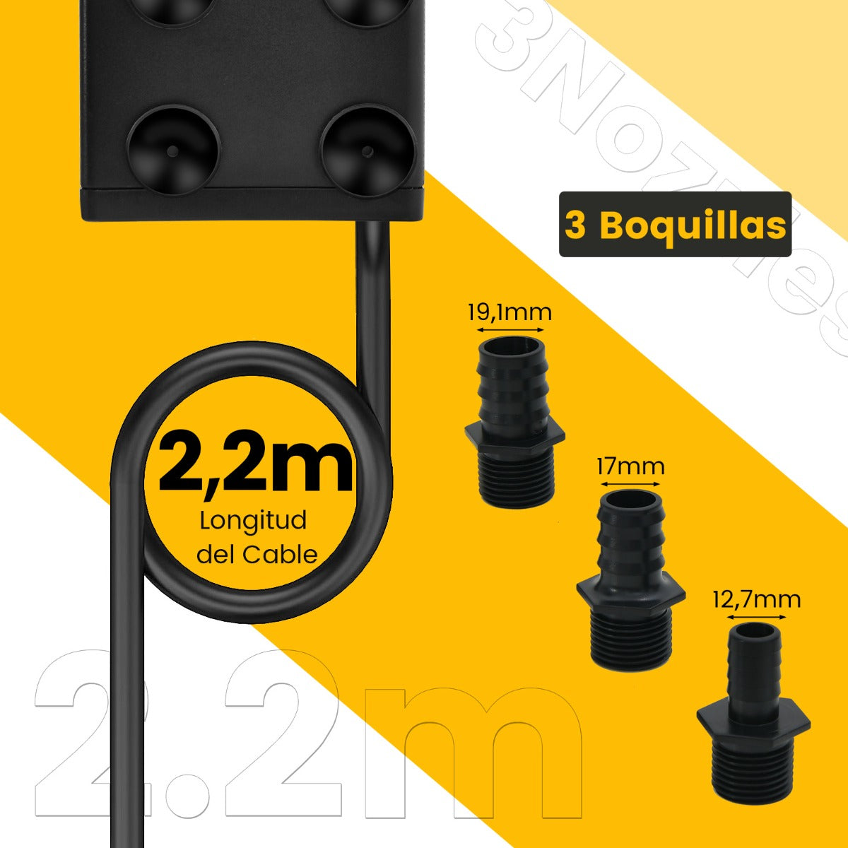 22W Bomba Sumergible 900L/H Bomba de Agua con Elevación de 2,2m Cable de Alimentación de 1,83m y 3 Boquillas para Pecera Estanque Acuario