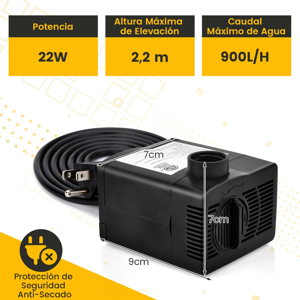 22W Bomba Sumergible 900L/H Bomba de Agua con Elevación de 2,2m Cable de Alimentación de 1,83m y 3 Boquillas para Pecera Estanque Acuario
