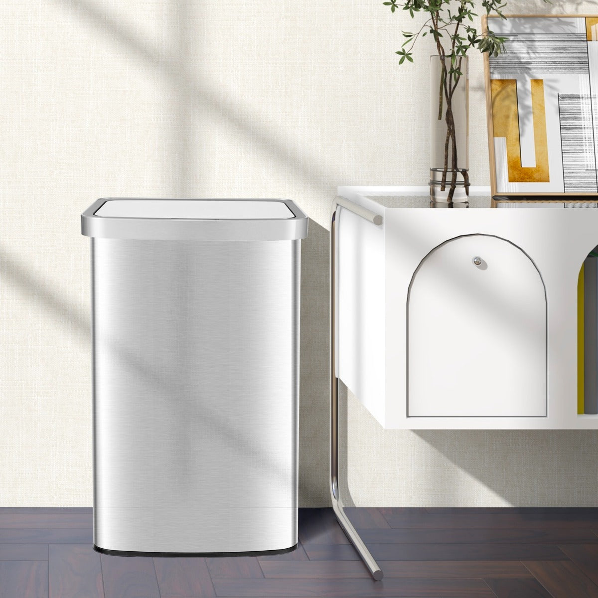 Cubo de Basura Cocina de 50L Papelera Rectangular con Sensor de Movimiento Infrarrojo y Tapa de Cierre para Cocina Baño y Oficina Plata