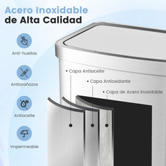 Cubo de Basura Cocina de 50L Papelera Rectangular con Sensor de Movimiento Infrarrojo y Tapa de Cierre para Cocina Baño y Oficina Plata