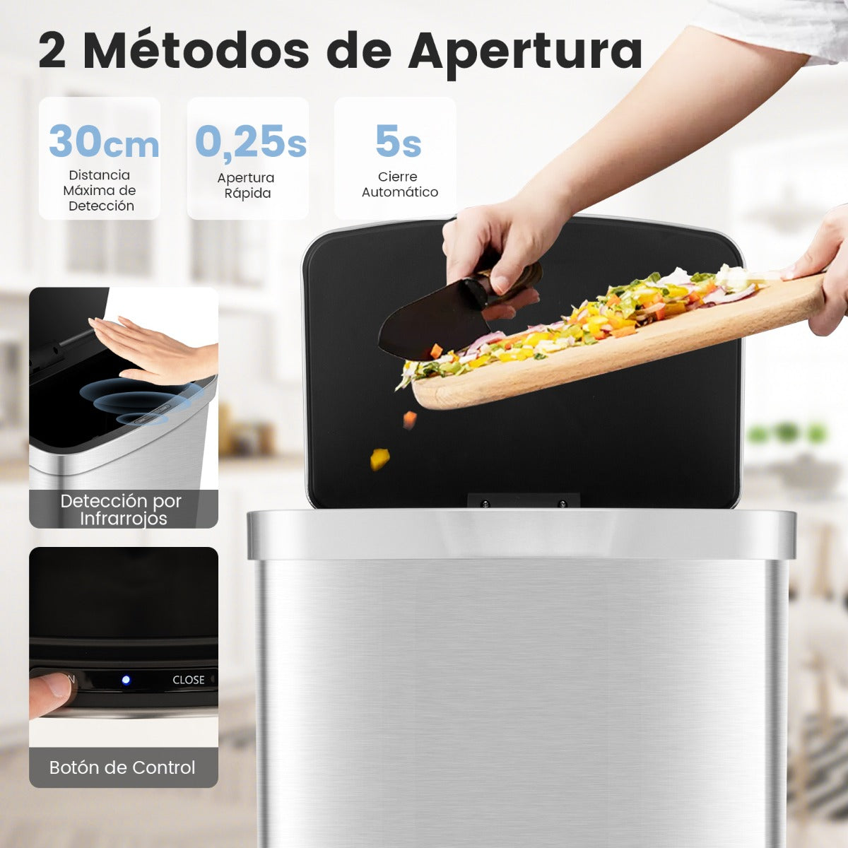 Cubo de Basura Cocina de 50L Papelera Rectangular con Sensor de Movimiento Infrarrojo y Tapa de Cierre para Cocina Baño y Oficina Plata
