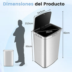 Cubo de Basura Cocina de 50L Papelera Rectangular con Sensor de Movimiento Infrarrojo y Tapa de Cierre para Cocina Baño y Oficina Plata