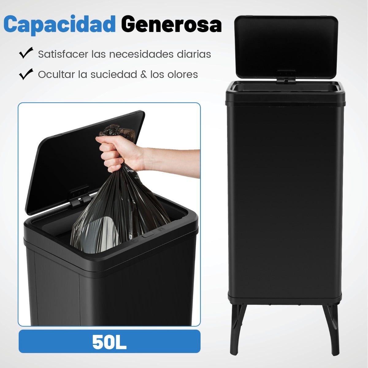 Bote de Basura de Acero Inoxidable de 50 L con Sensor de Movimiento Automático Cierre Suave Patas Desmontables para Cocina Negro