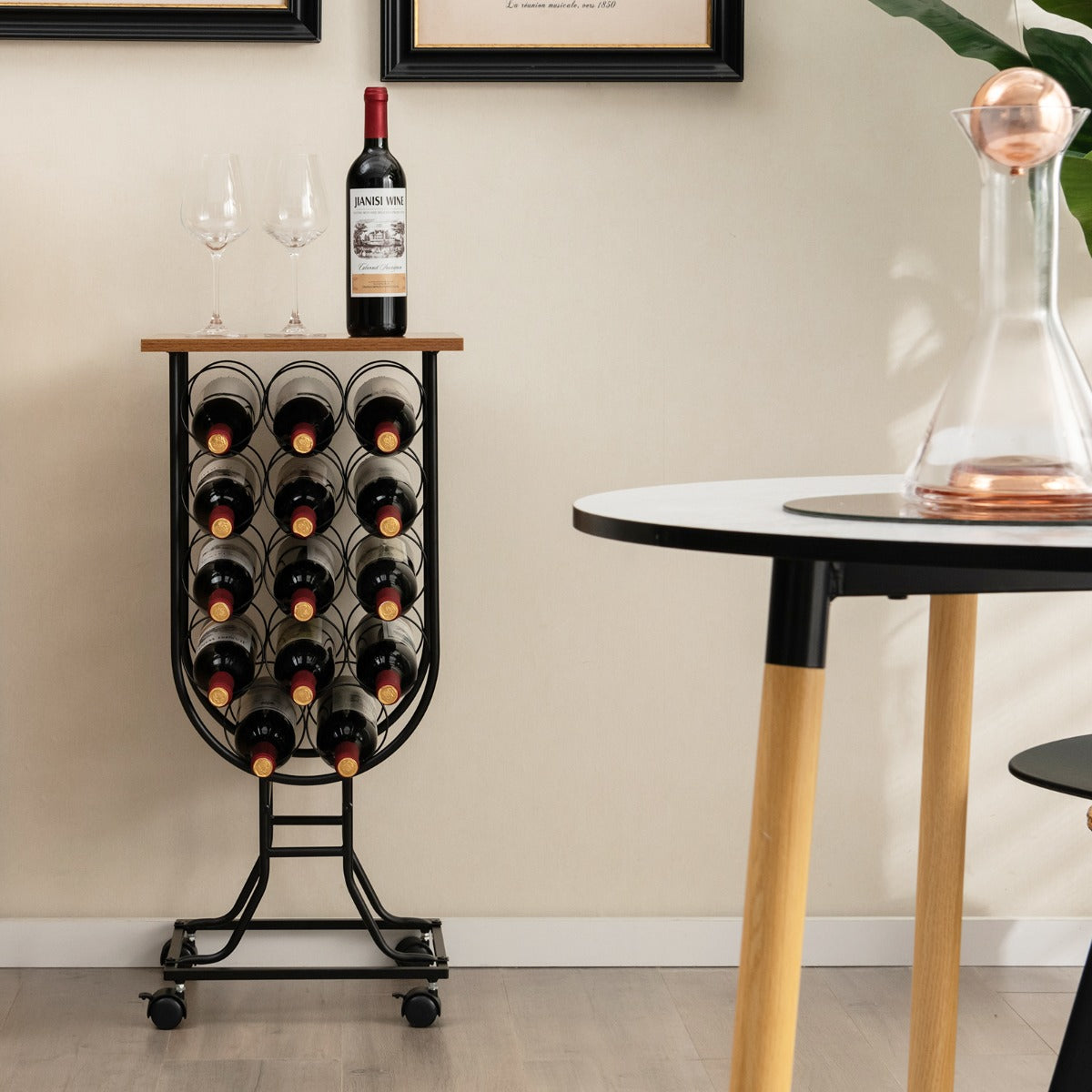 Botellero para 14 Botellas de Vino con Ruedas Desmontables y Bloqueables 38 x 30 x 82 cm Marrón y Negro