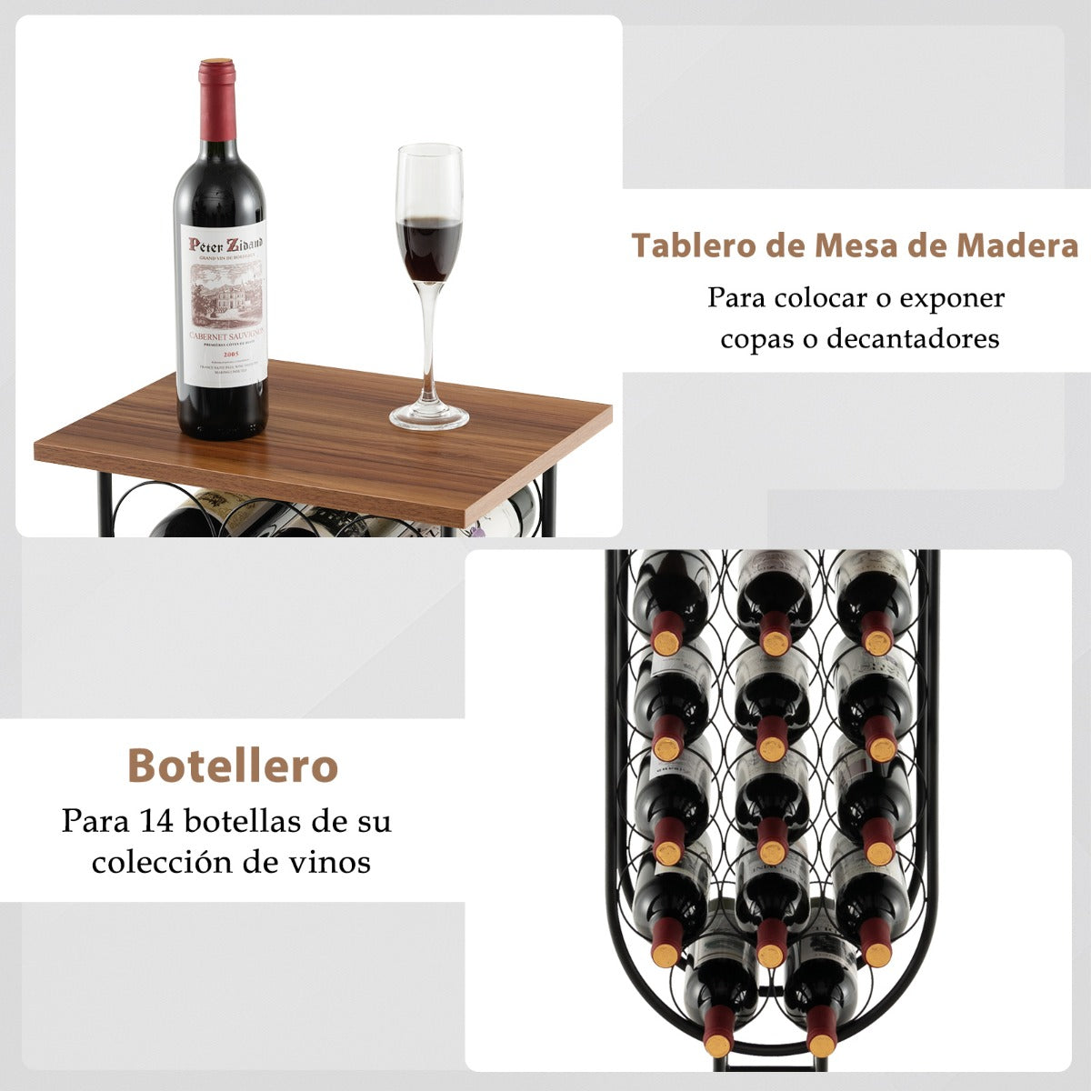 Botellero para 14 Botellas de Vino con Ruedas Desmontables y Bloqueables 38 x 30 x 82 cm Marrón y Negro
