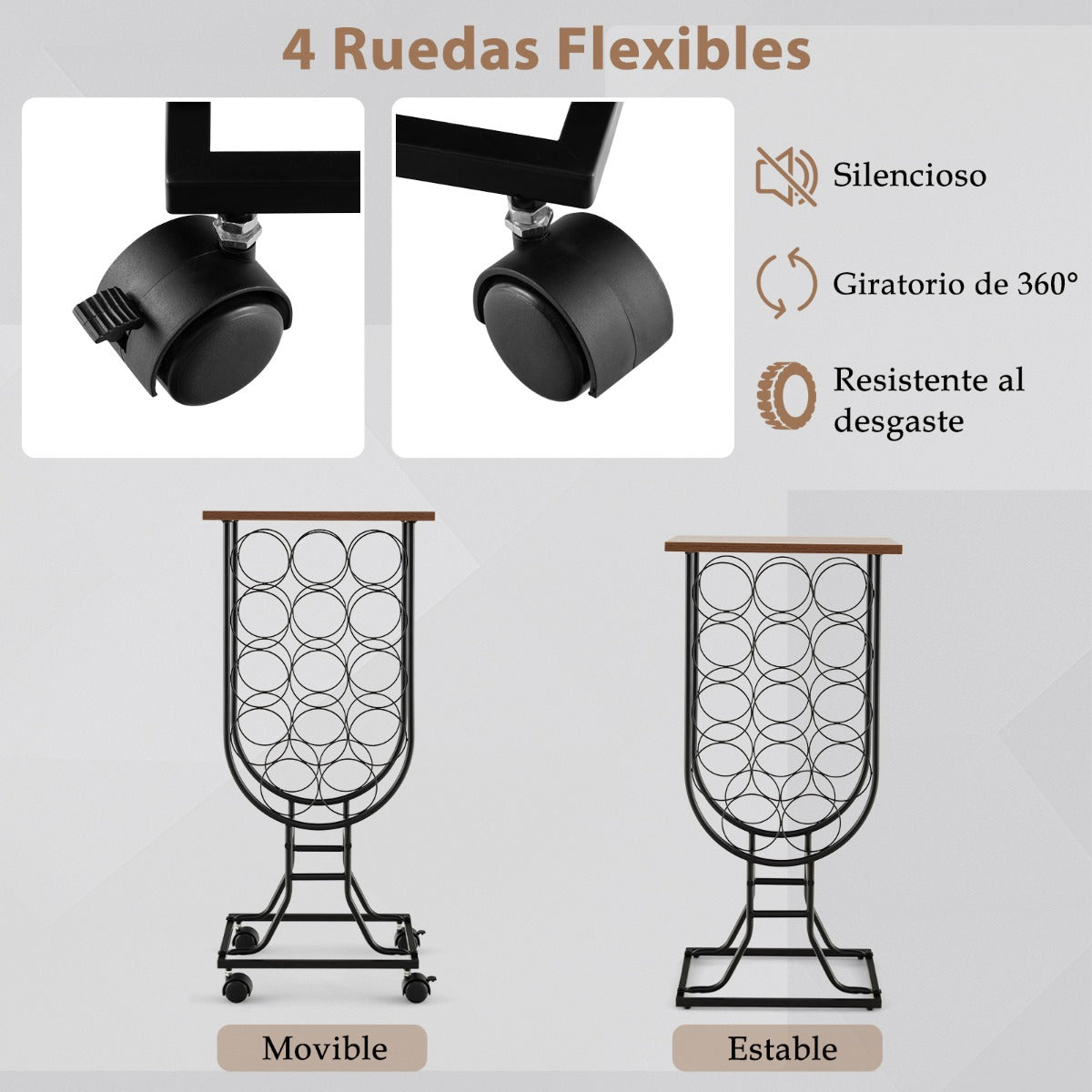 Botellero para 14 Botellas de Vino con Ruedas Desmontables y Bloqueables 38 x 30 x 82 cm Marrón y Negro