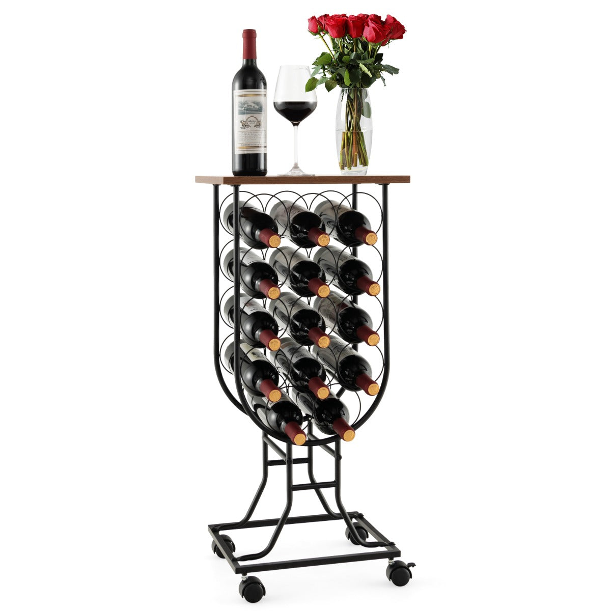 Botellero para 14 Botellas de Vino con Ruedas Desmontables y Bloqueables 38 x 30 x 82 cm Marrón y Negro