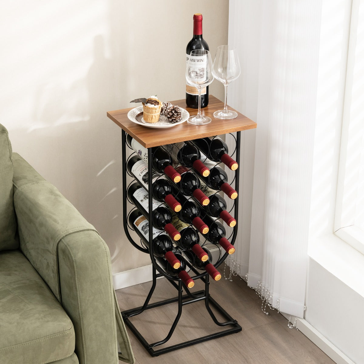 Botellero para 14 Botellas de Vino con Ruedas Desmontables y Bloqueables 38 x 30 x 82 cm Marrón y Negro