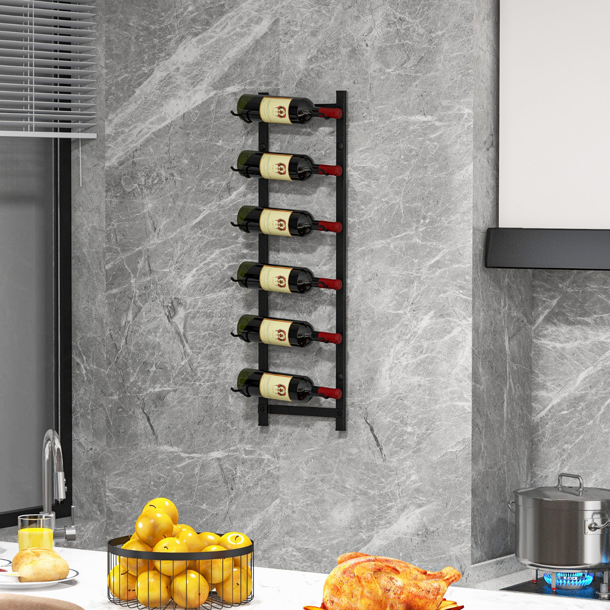 Botellero de Pared para 6 Vinos Soporte Colgante Metal Inoxidable para Botellas de Vino Estante de Vino Vertical para Cocina Comedor Bar