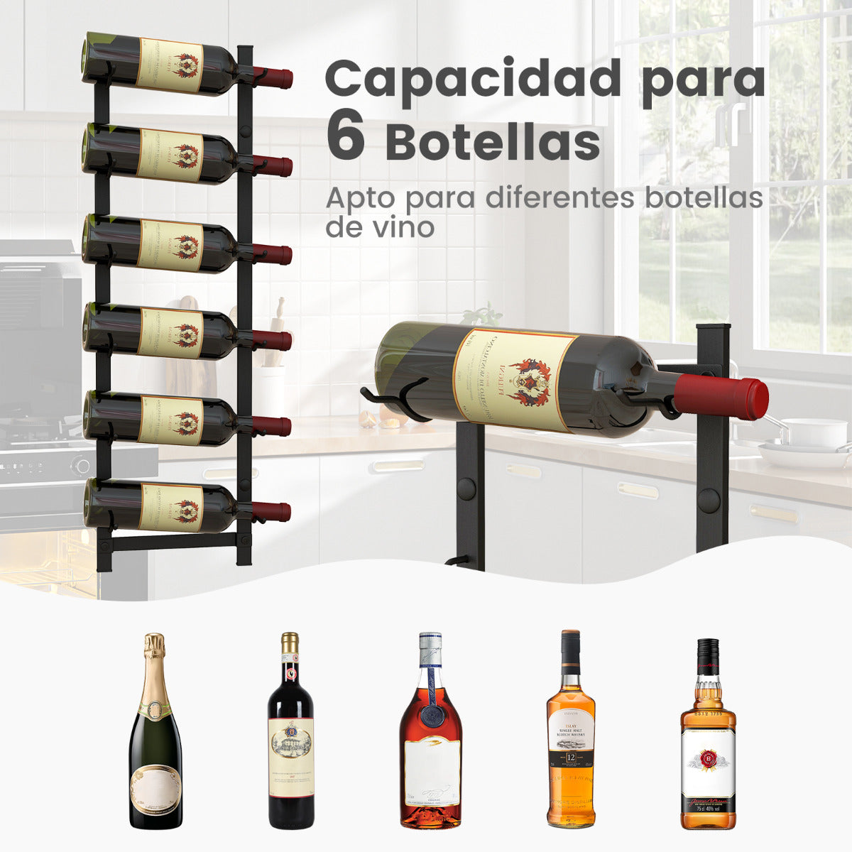 Botellero de Pared para 6 Vinos Soporte Colgante Metal Inoxidable para Botellas de Vino Estante de Vino Vertical para Cocina Comedor Bar