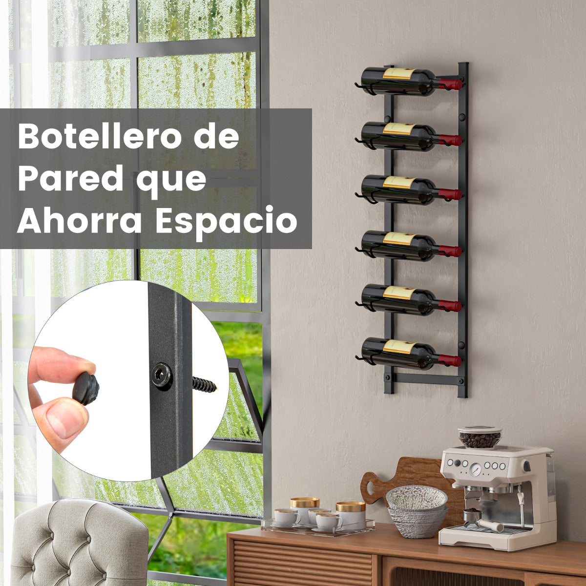 Botellero de Pared para 6 Vinos Soporte Colgante Metal Inoxidable para Botellas de Vino Estante de Vino Vertical para Cocina Comedor Bar
