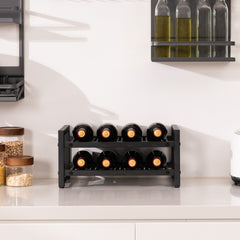 Botellero de 2 Niveles para 8 Botellas Apilable Soporte de Vino de Metal para Encimeras de Cocina Despensa 42,5 x 24,5 x 20,5 cm Negro