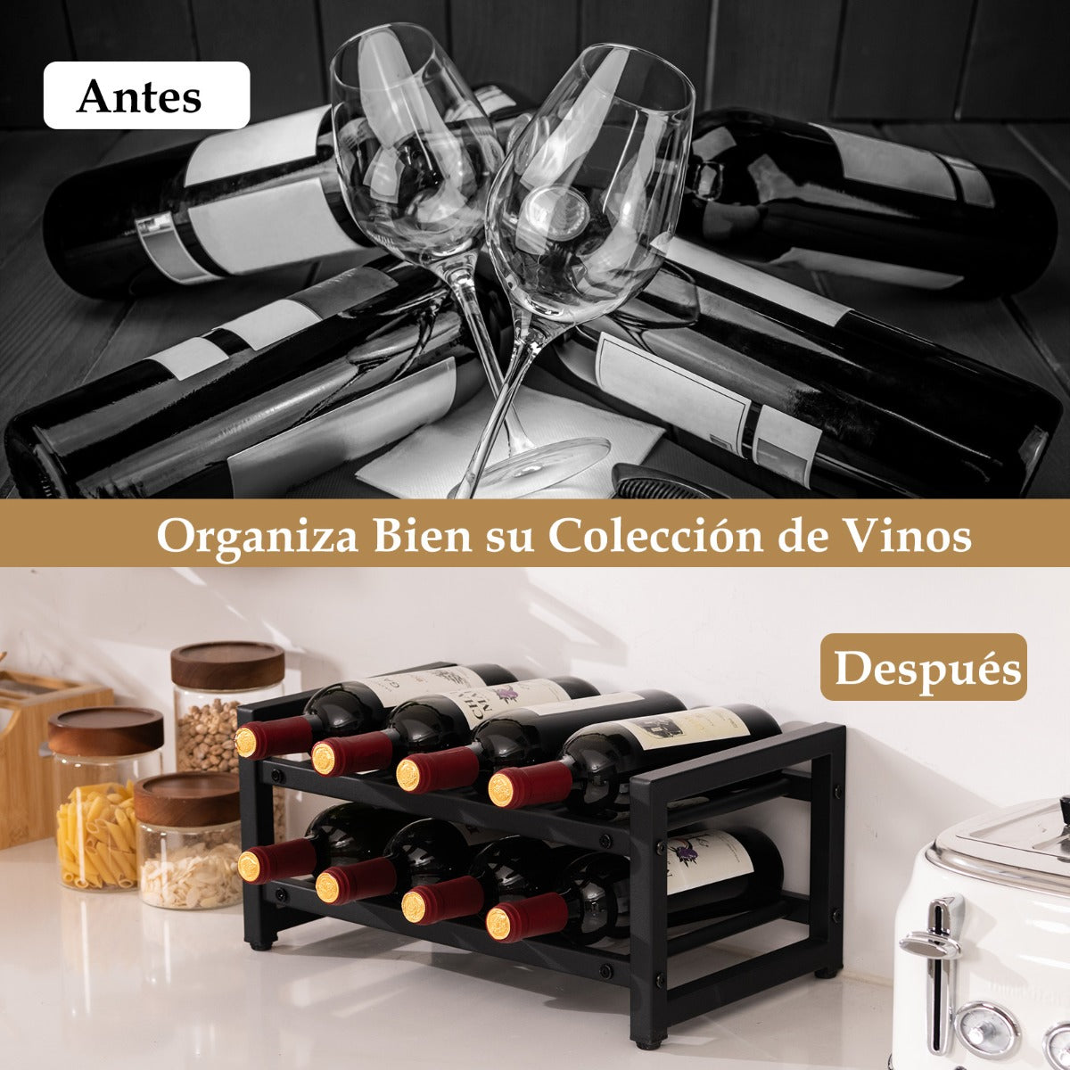 Botellero de 2 Niveles para 8 Botellas Apilable Soporte de Vino de Metal para Encimeras de Cocina Despensa 42,5 x 24,5 x 20,5 cm Negro