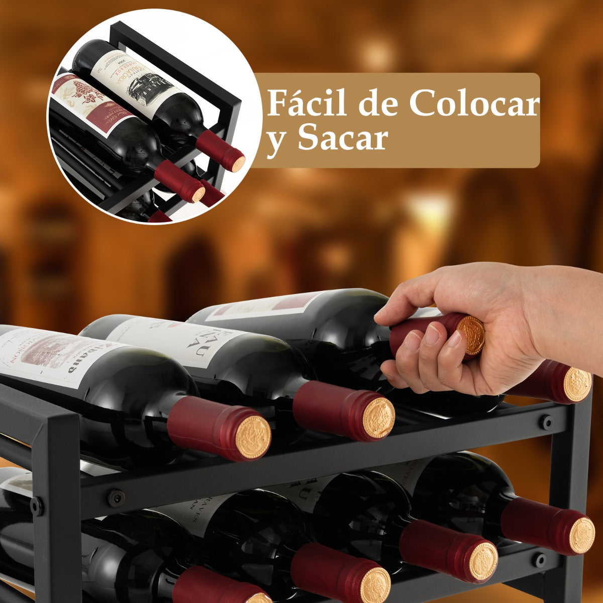 Botellero de 2 Niveles para 8 Botellas Apilable Soporte de Vino de Metal para Encimeras de Cocina Despensa 42,5 x 24,5 x 20,5 cm Negro