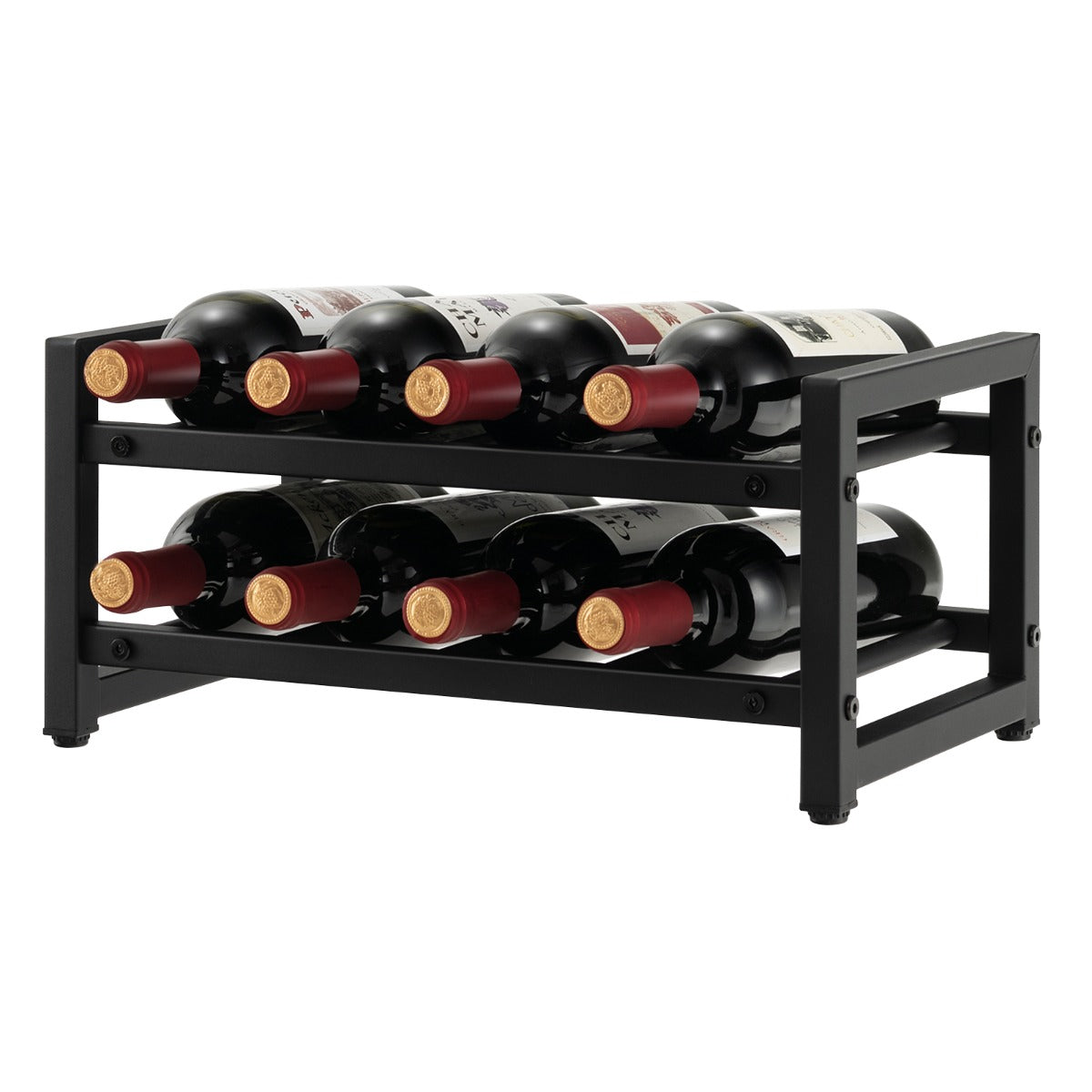 Botellero de 2 Niveles para 8 Botellas Apilable Soporte de Vino de Metal para Encimeras de Cocina Despensa 42,5 x 24,5 x 20,5 cm Negro